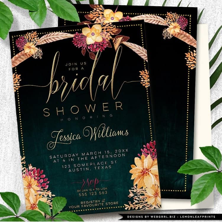 Bohemian Floral Feathers Bridal Shower Invitation